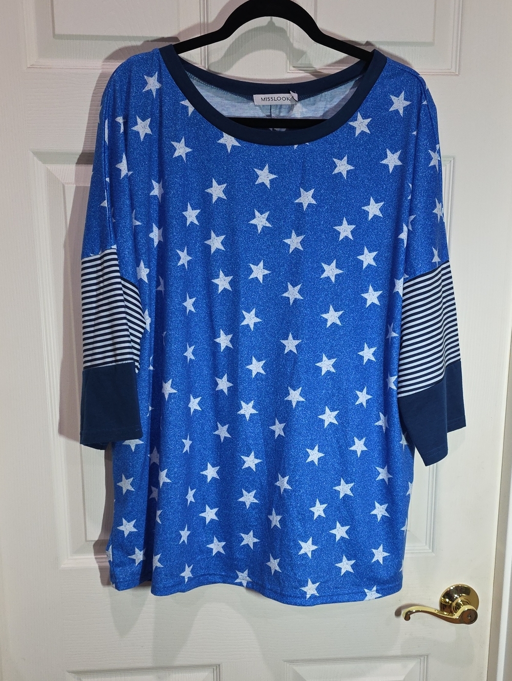 MISSLOOK Blue Star-Print Long Sleeve Tee with Striped Sleeves